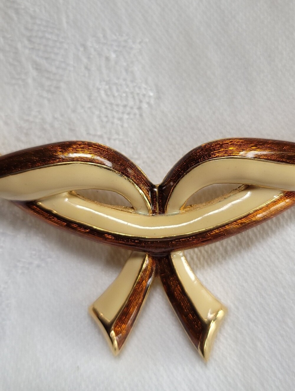 Vintage D'Orlan Enamel Ribbon Bow Necklace Signed - Copper & Cream